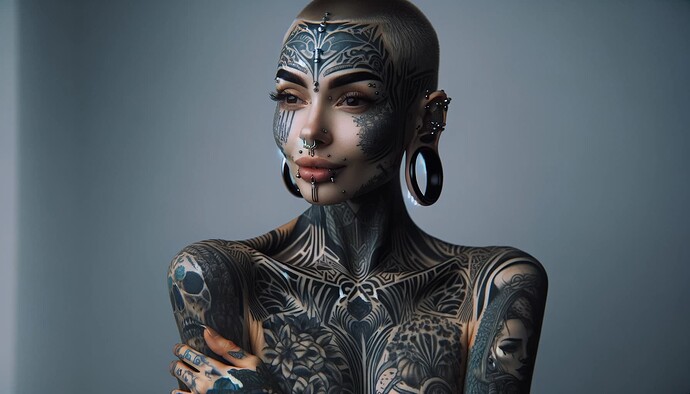 DALL·E 2024-01-29 01.11.34 - A portrait of a woman with an array of body modifications. She has striking tattoos covering her entire arms and extending up to her neck, each tattoo