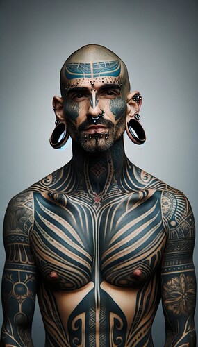 DALL·E 2024-01-29 01.13.18 - A portrait of a man with extensive body modifications. He has a variety of tattoos enveloping his arms, chest, and neck, showcasing intricate and bold