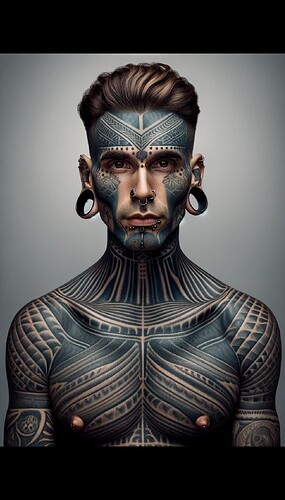 DALL·E 2024-01-29 01.13.19 - A portrait of a man with extensive body modifications. He has a variety of tattoos enveloping his arms, chest, and neck, showcasing intricate and bold