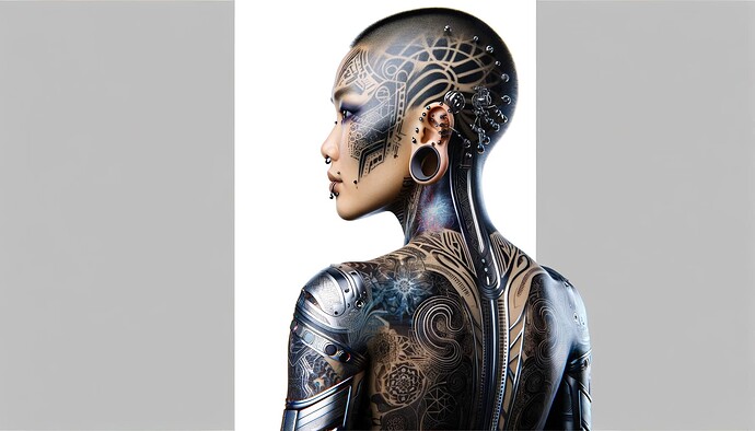 DALL·E 2024-01-29 01.12.14 - A futuristic woman with a diverse range of body modifications. She has intricate tattoos covering her arms and back, each design featuring a blend of