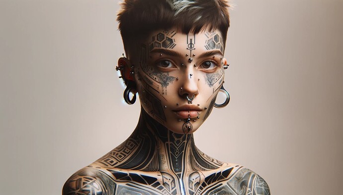 DALL·E 2024-01-29 01.14.51 - A portrait of a futuristic woman with various body modifications. She has numerous piercings on her ears, nose, and eyebrows, and visible tattoos cove
