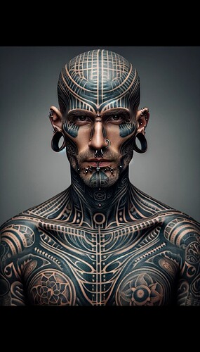 DALL·E 2024-01-29 01.16.36 - A portrait of a man with extensive body modifications. He has a variety of tattoos enveloping his arms, chest, and neck, showcasing intricate and bold