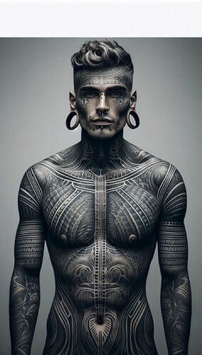 DALL·E 2024-01-29 01.16.37 - A portrait of a man with extensive body modifications. He has a variety of tattoos enveloping his arms, chest, and neck, showcasing intricate and bold