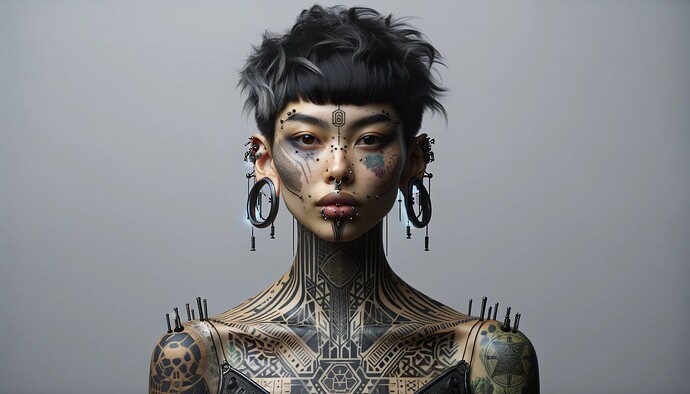 DALL·E 2024-01-29 01.16.32 - A portrait of a futuristic woman with various body modifications. She has numerous piercings on her ears, nose, and eyebrows, and visible tattoos cove